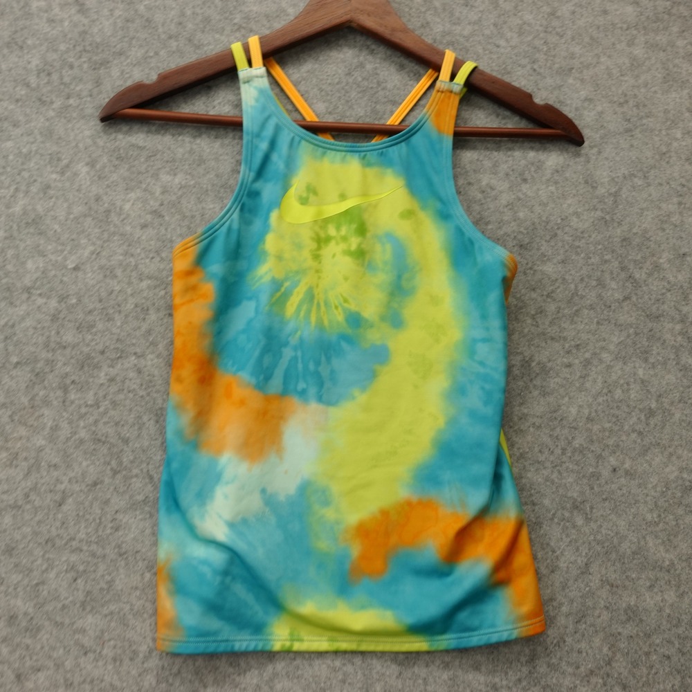 Nike Swim Top Girls M Blue Orange Tie Dye Swoosh Tankini Y2K Kidcore Crossback